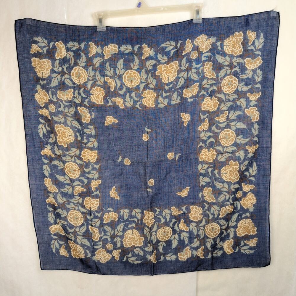 Vintage Vera Neumann blue wool floral scarf 34x35 in. Romantic Feminine Boho